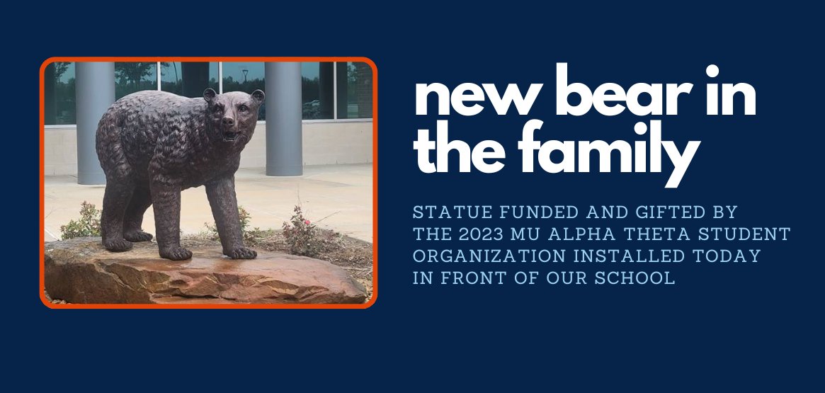 Stop by and admire our new Bridgeland Bear statue in front of the school. The 2023 Mu Alpha Theta student organization paid for the statue and gifted it to the school. It was installed today! The status is made of bronze and is approximately four feet tall and five feet long.