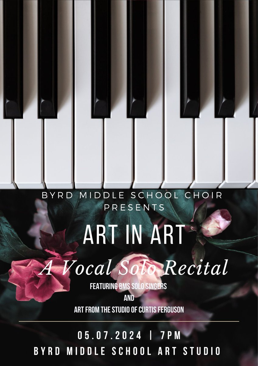 Join us for a spectacular evening of collaborative art at Byrd Middle School! 🎶🎨 🗓️ Date: Tuesday, May 7th 🕖 Time: 7:00 pm 📍 Location: BMS Art Studio Experience the magic of music and art coming together 🎵🎨 Don't miss out on this unforgettable event!
