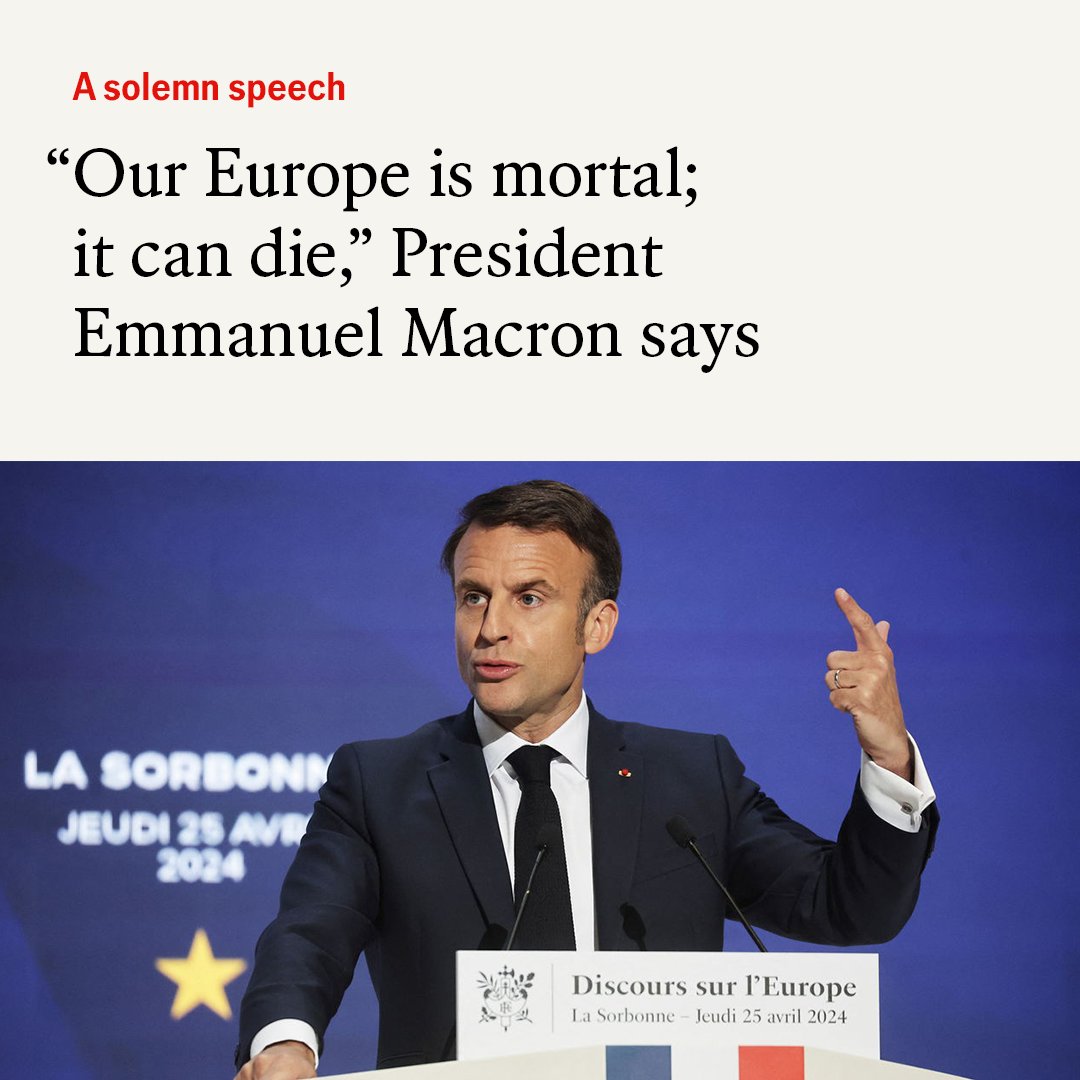 The underlying thread in Emmanuel Macron’s latest speech was one of Europe’s fragility in a darker world. Read how his remarks were not only solemn but bordered on the apocalyptic: econ.st/3UwkS4w Photo: Reuters