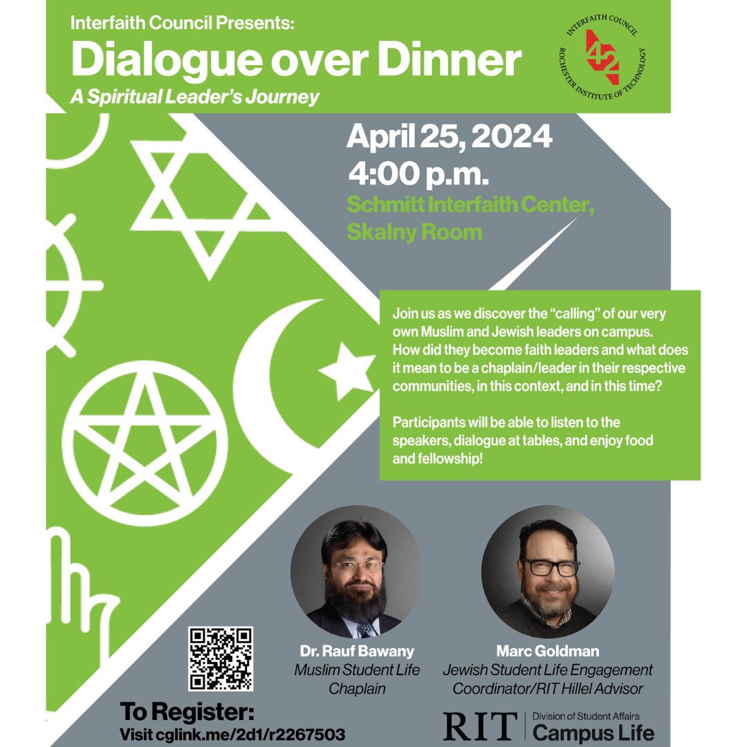 Today is the day for SRL and Interfaith Council's annual Dinner over Dialogue event with our Muslim and Jewish chaplains!  Join us at 4PM for plentiful conversation, dinner, and good times!

Register at cglink.me/2d1/r2267503

#srlatrit #interfaithdialogue #muslim #jewish