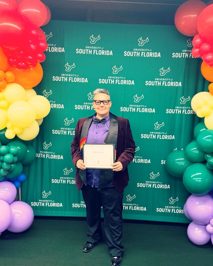 educationUSF's tweet photo. Congratulations to Dr. KBF Francis, a graduate of the PhD in Social Science Education program, on receiving the honor of the 2024 recipient of the USF Pride Award for their work in LGBTQ+ inclusivity in education! ๐๐ #EducationUSF #LGBTQ #Inclusivity #USFPride #GoBulls https://t.co/UgcksQPiIX