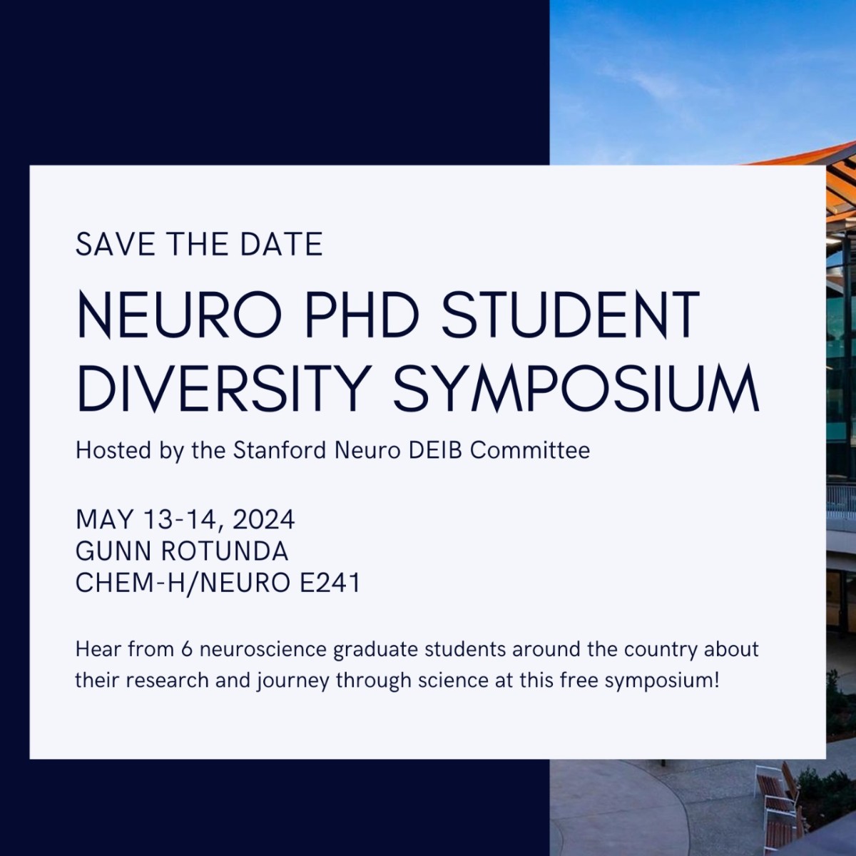 Join us for a neuroscience symposium featuring PhD students from across the country discussing their research and outreach efforts. Let's come together to promote diversity, equity, and inclusion in academia. #NeuroSymposium #DEI #Neuroscience #StanfordBiosciences