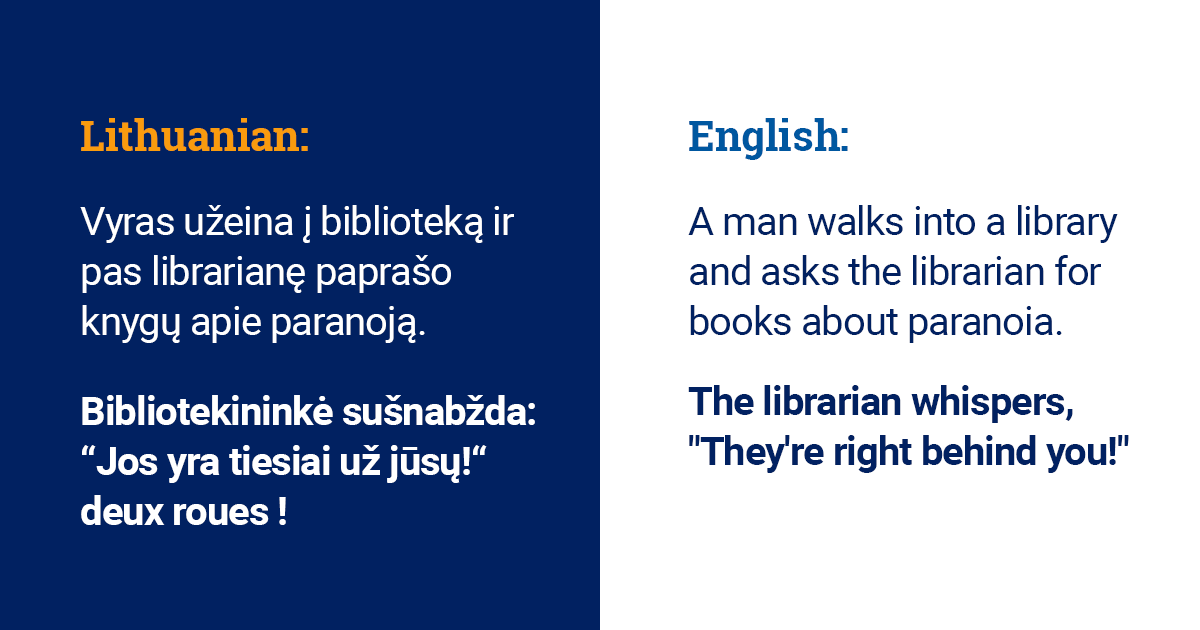 Vyras užeina į biblioteką ir paprašo darbuotojos knygų apie paranoją. Bibliotekininkė sušnabžda: „tiesiai už jūsų!“ A man walks into a library and asks the librarian for books about paranoia. The librarian whispers, 'They're right behind you!' #LanguageLine #LanguageJoke #Humor
