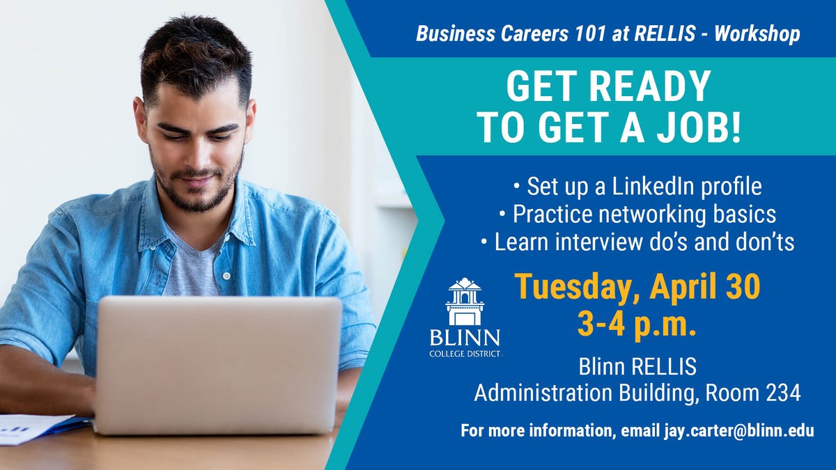 Prepare to launch your career in the business field by attending next week's workshop at #Blinn at Texas A&M-RELLIS. 📅: Tuesday, April 30 ⏲️: 3-4 p.m. 📍: Blinn RELLIS Admin Bldg, Rm 234