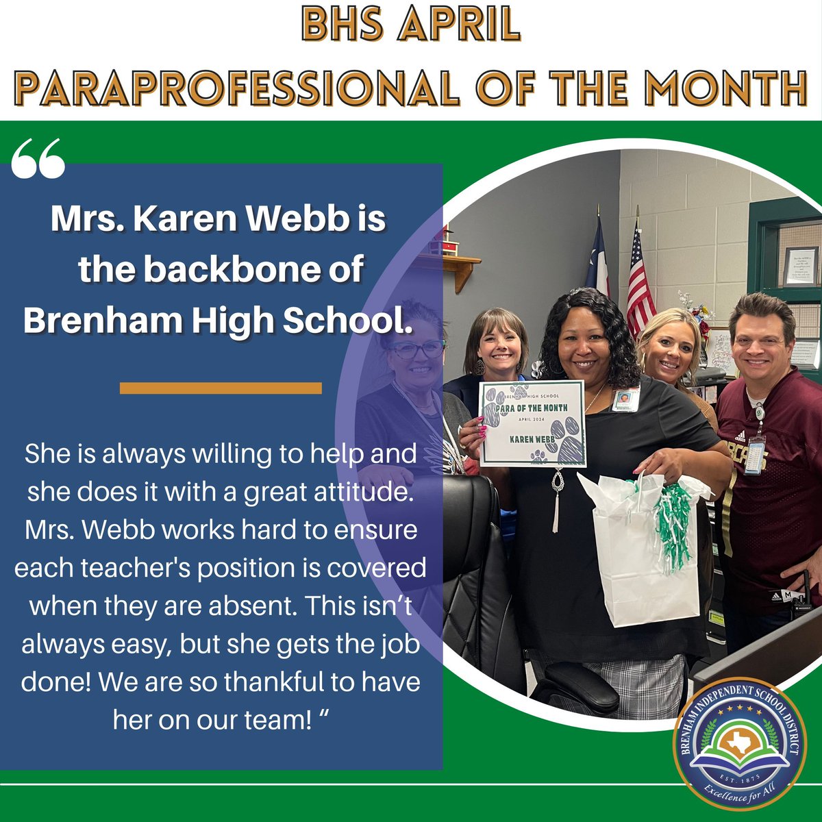 🎉 Congratulations to Brenham High School's Teacher, Paraprofessional, and student of the month!