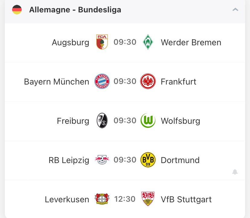 C’est une dinguerie le top 6 joue contre mdrrr 

Bayern (2) Vs Francfort (6)
Leipzig (4) Vs Dortmund (5)
Leverkusen (1) Vs Stuttgart (3)