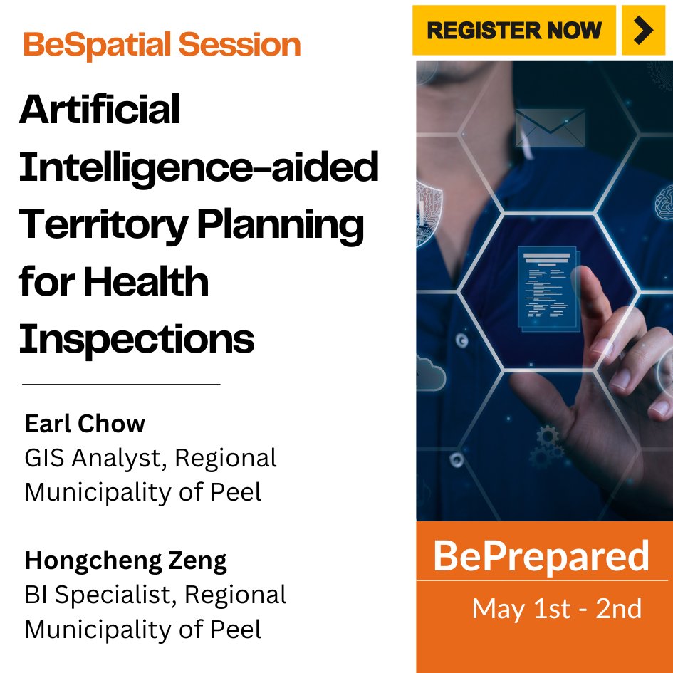 Mark your calendars for an enlightening session on 'Artificial Intelligence-aided Territory Planning for Health Inspections'  Secure your spot now at bit.ly/3wIrIdH 

#AI #TerritoryPlanning #HealthInspections #BusinessApplications #Bespatial @regionofpeel