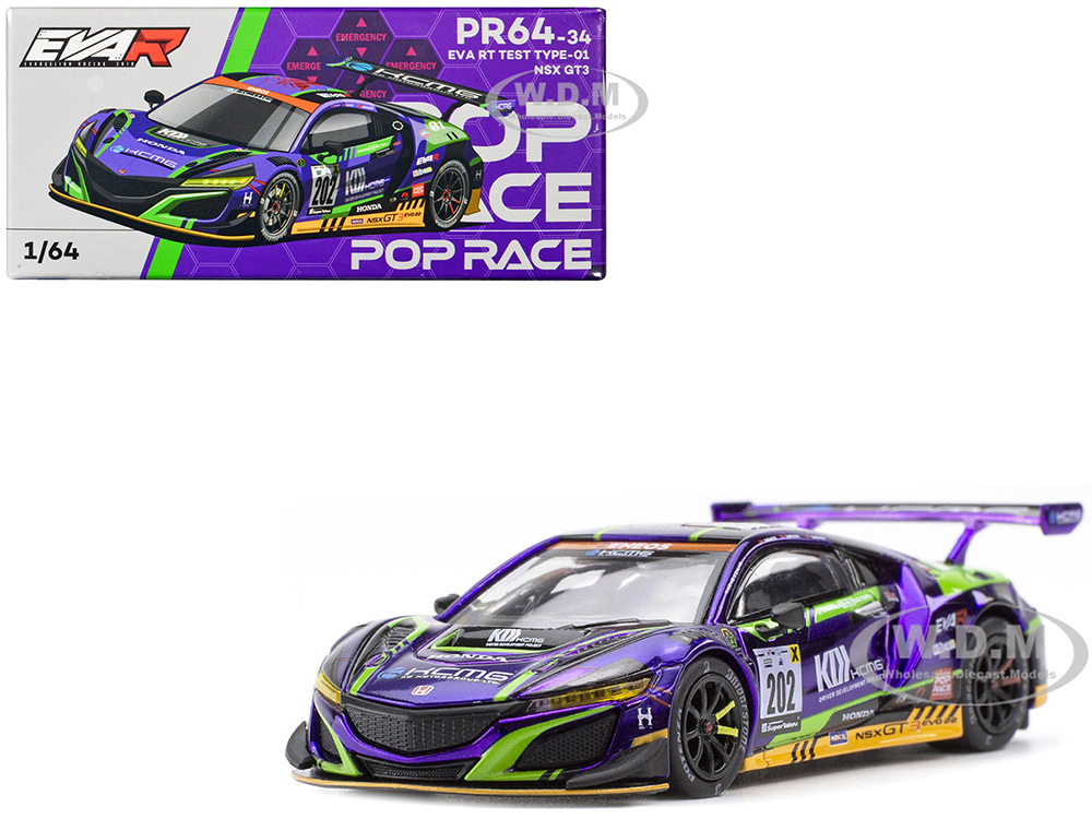 #DiecastModels NSX GT3 RHD (Right Hand Drive) 202 'EVA RT Test Type-01' Purple with Graphics 1/64 Diecast Model Car by Pop Race 18.99 USD jdoqocy.com/click-10105884…