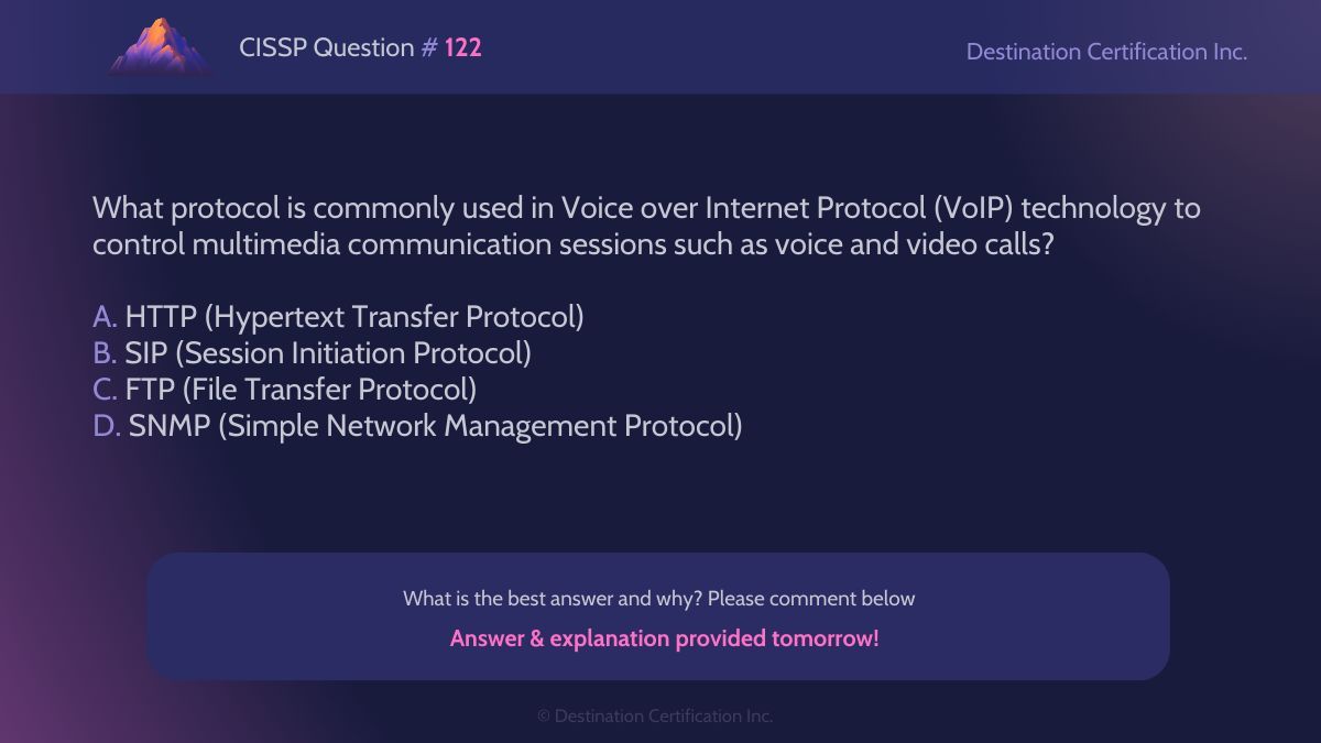 #CISSP Question #122

Analyze the information and question at hand, then let us know your answer in the comments.

We'll post the answer tomorrow with a full explanation. Follow us to see it!

#WeeklyCISSPChallenge #QuestionOfTheWeek #CyberSecurity #CISSPpractice #ISC2