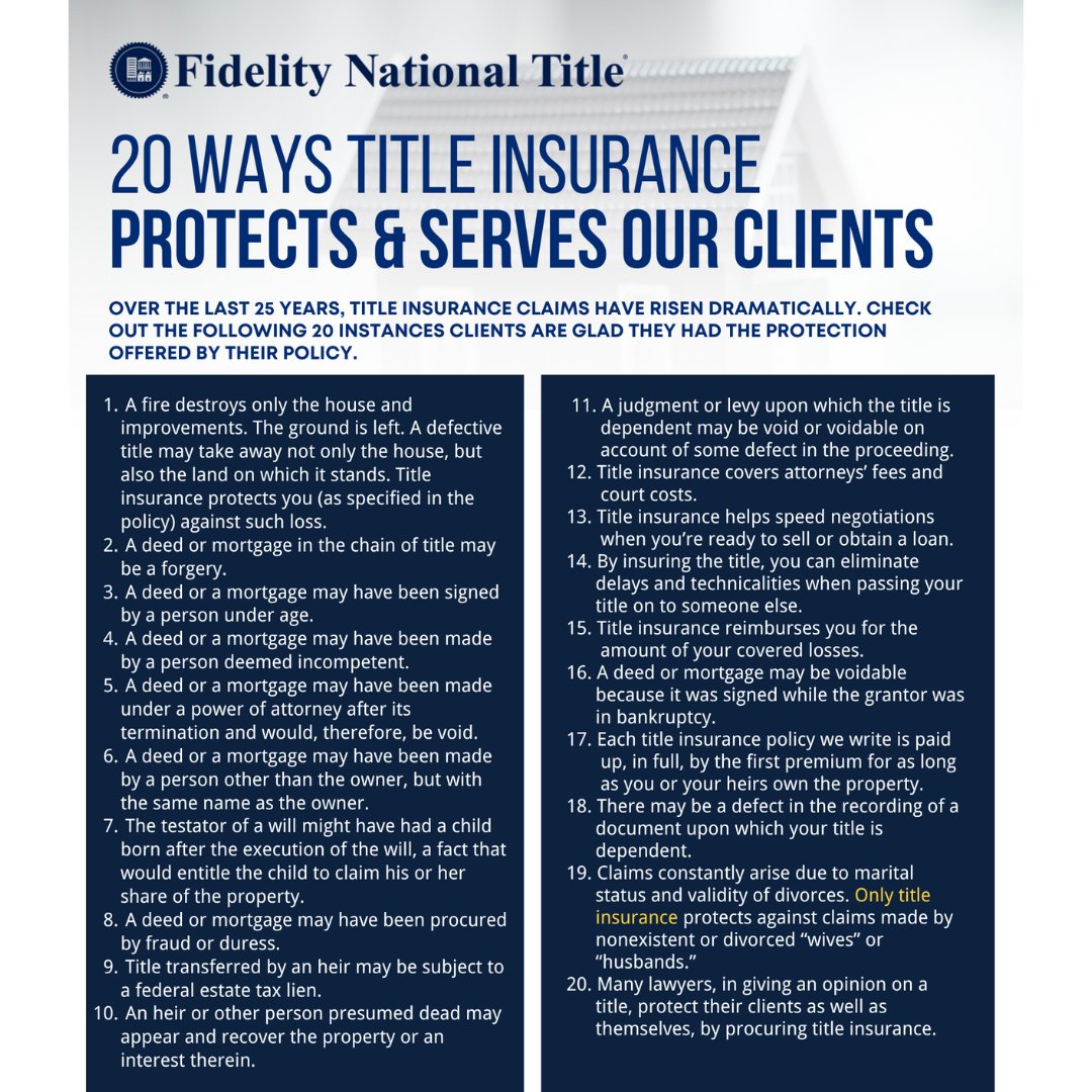 ❗️Over the last 25 years, title insurance claims have risen dramatically. Check out the following 20 instances clients are glad they have the protection offered by their policy. ❗️

Let us help you protect one of your most valuable assets!

#realtor #realestate #titleinsurance