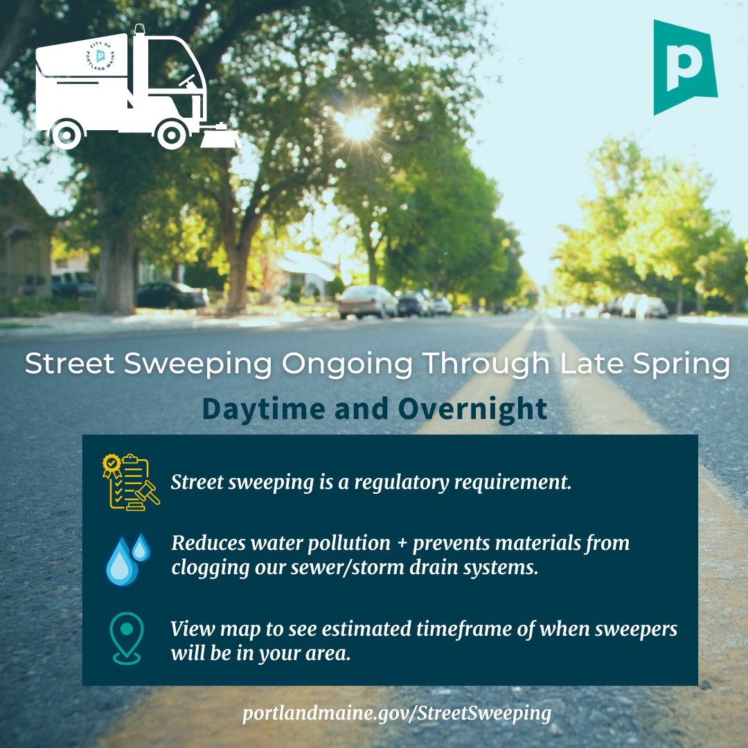 Reminder: Street sweeping is ongoing now through late Spring! Learn more + check out our web app: portlandmaine.gov/streetsweeping.  Street sweeping is a regulatory requirement, reduces water pollution, + prevents materials from clogging our sewer/storm drain systems. ⁠⁠#PortlandMaine