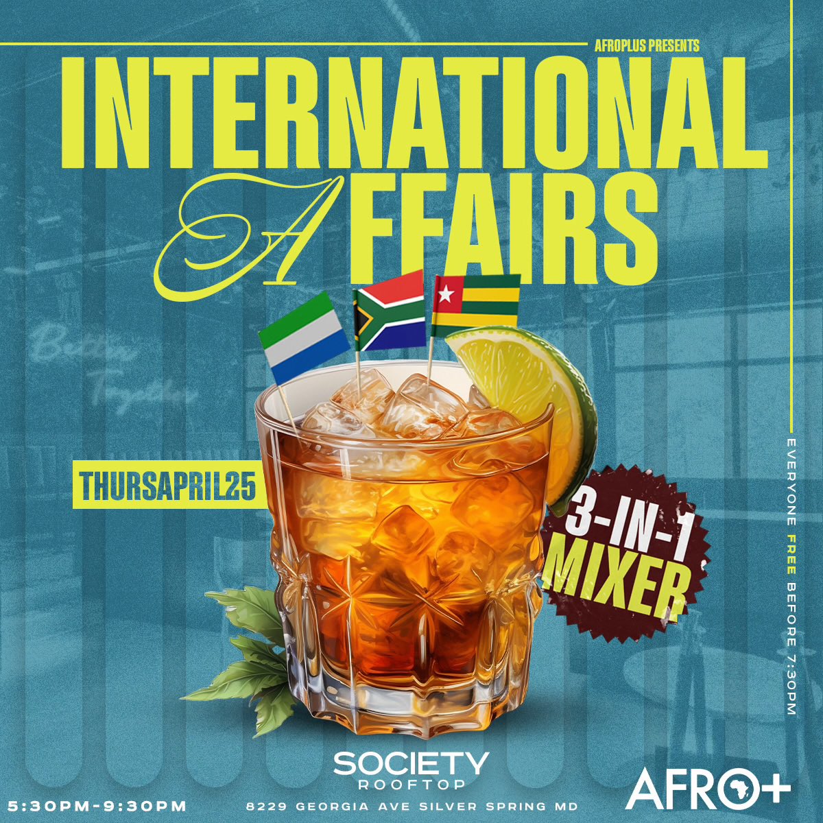 theafroplus's tweet image. We’re starting celebrations off early today at Society! Come welcome the liberation of three African nations tonight and help support active charities!