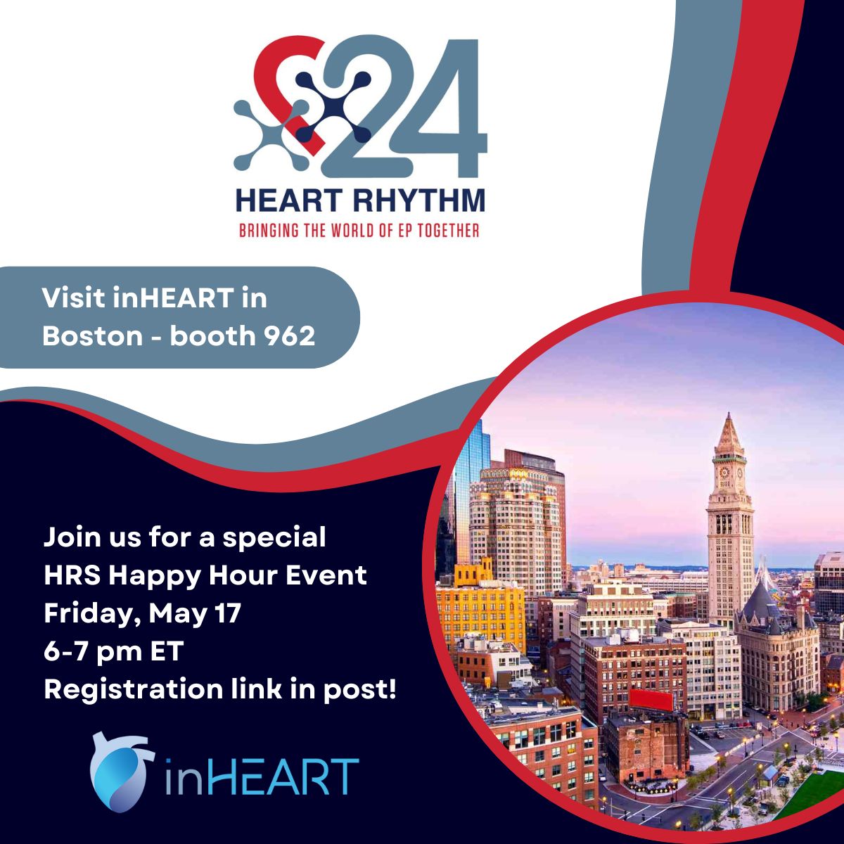 #HRS2024 is just a few weeks away and we are excited to be in Boston sharing the latest advancements with #inHEART! Visit us at booth 962 and join us for a special happy hour event at the Seaport Hotel. Register for happy hour here eventbrite.com/e/851952120727… #epeeps Heart Rhythm…