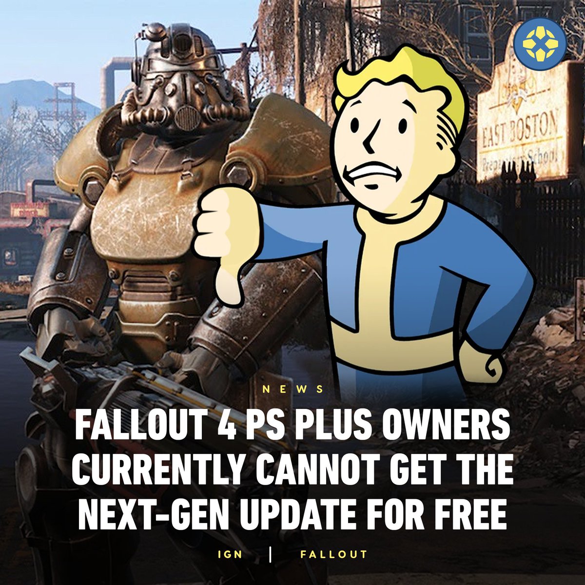 IGN's tweet photo. Fallout 4 players who own the game through PS Plus aren't currently able to access the next-gen update for free. The update brings graphical and performance upgrades along with a new armor and weapon bundle. https://t.co/xnpQP7xQJr https://t.co/0eQ65YstbI