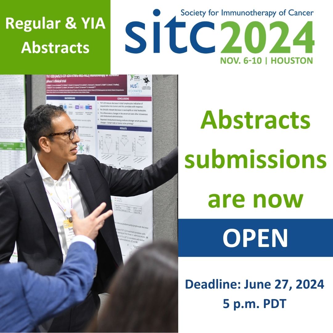 Submit Your Hot New Research for SITC 2024! The deadline to submit research for Regular, Young Investigator Award and Immune Engineering abstracts is 5 p.m. PDT on June 27, 2024. Learn more: sitcancer.org/2024/abstracts… #SITC24 #immunotherapy