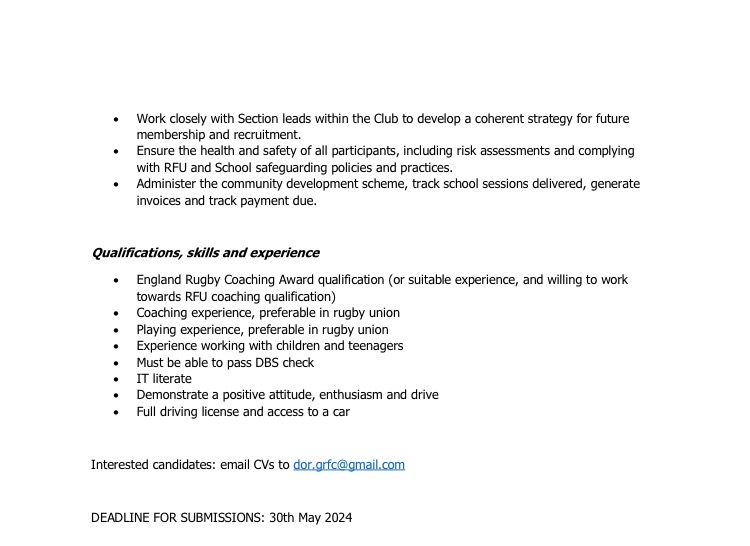 Gravesend RFC, Community Development Coach, part-time (20hrs/wk), £20,000 per annum. Further role and contact details at the pictures. You must have the right to work in the UK.