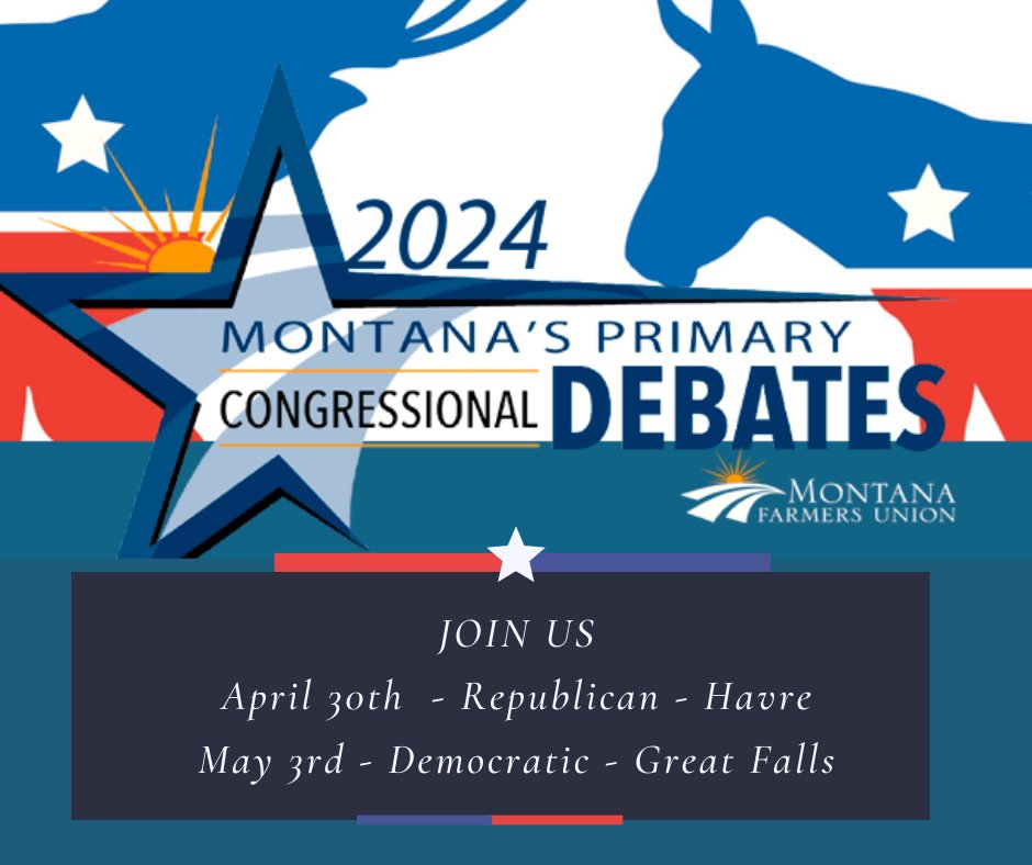 Join us as we host live Congressional primary debates! The debates begin at 7 p.m. on each of the days and both are open for a live audience. If you would like more information, please call our office at 406-452-6406