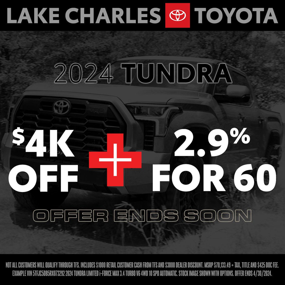 Time is running out to take advantage of this incredible Tundra offer. We still have lots of trucks to choose from so shop us online or in person and end April with a brand-new Toyota Tundra in your driveway! #RaiseYourExpectations
smartpath.lakecharlestoyota.com/inventory/sear…