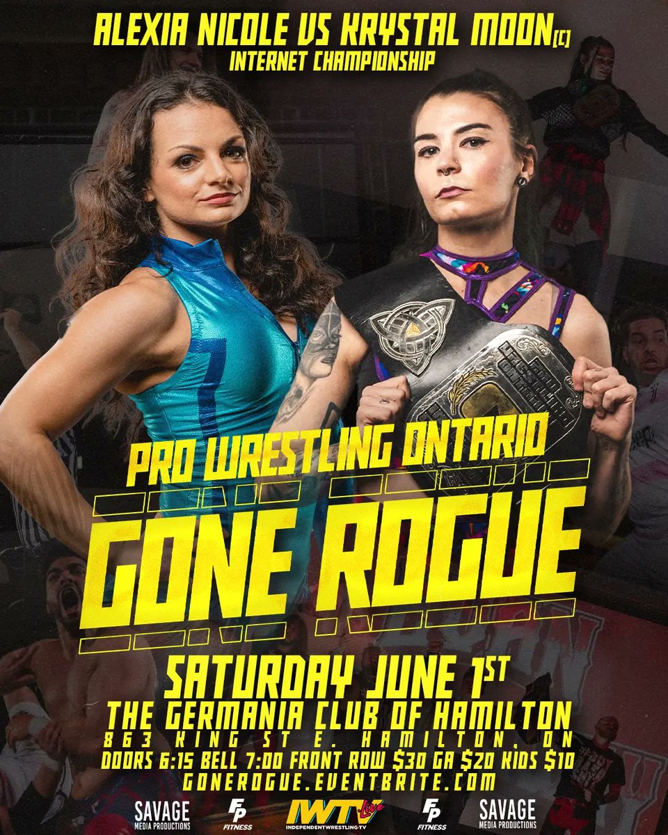 ProWrestlingOnt's tweet photo. π4 FRONT ROW TICKETS REMAINπ
Saturday June 1st PWO returns to The Germania Club of Hamilton with #GONEROGUE!
Featuring
@jonny_deluca
@Walking_Weapon
@delbruno7
@TARIKhatesyou
#InternetChampion @krystalmoon_pw vs @ItsAlexiaNicole & More!
Tickets https://t.co/pTQCzeaeHf https://t.co/Lq6i3hWLqO