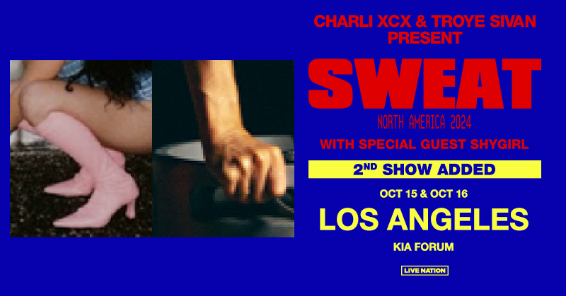 LOS ANGELES! A 2nd show has been added to '@charli_xcx and @troyesivan present: Sweat’! Tickets go on sale TOMORROW at 10AM PT: livemu.sc/4b8Pr5K