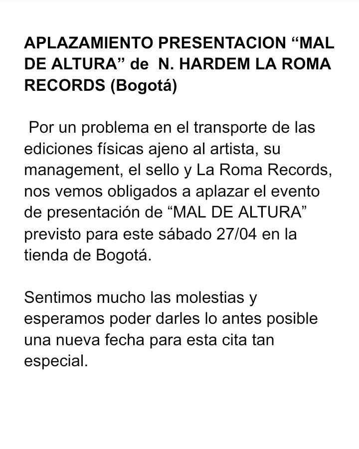 n_hardem's tweet photo. APLAZAMOS EL EVENTO PROGRAMADO PARA ESTE SÁBADO. 

PARA QUIENES ADQUIRIERON SU SUS DISCOS EN PREVENTA Y ESPERABAN RECIBIRLOS EN EL EVENTO ESTAREMOS COMUNICÁNDONOS CON USTEDES PARA ACORDAR LA ENTREGA O DARLES INDICACIONES. PERDÓN POR LOS INCONVENIENTES.

GRACIAS.

SIEMPRE ESCAMPA. https://t.co/Q0FNQWbdnE