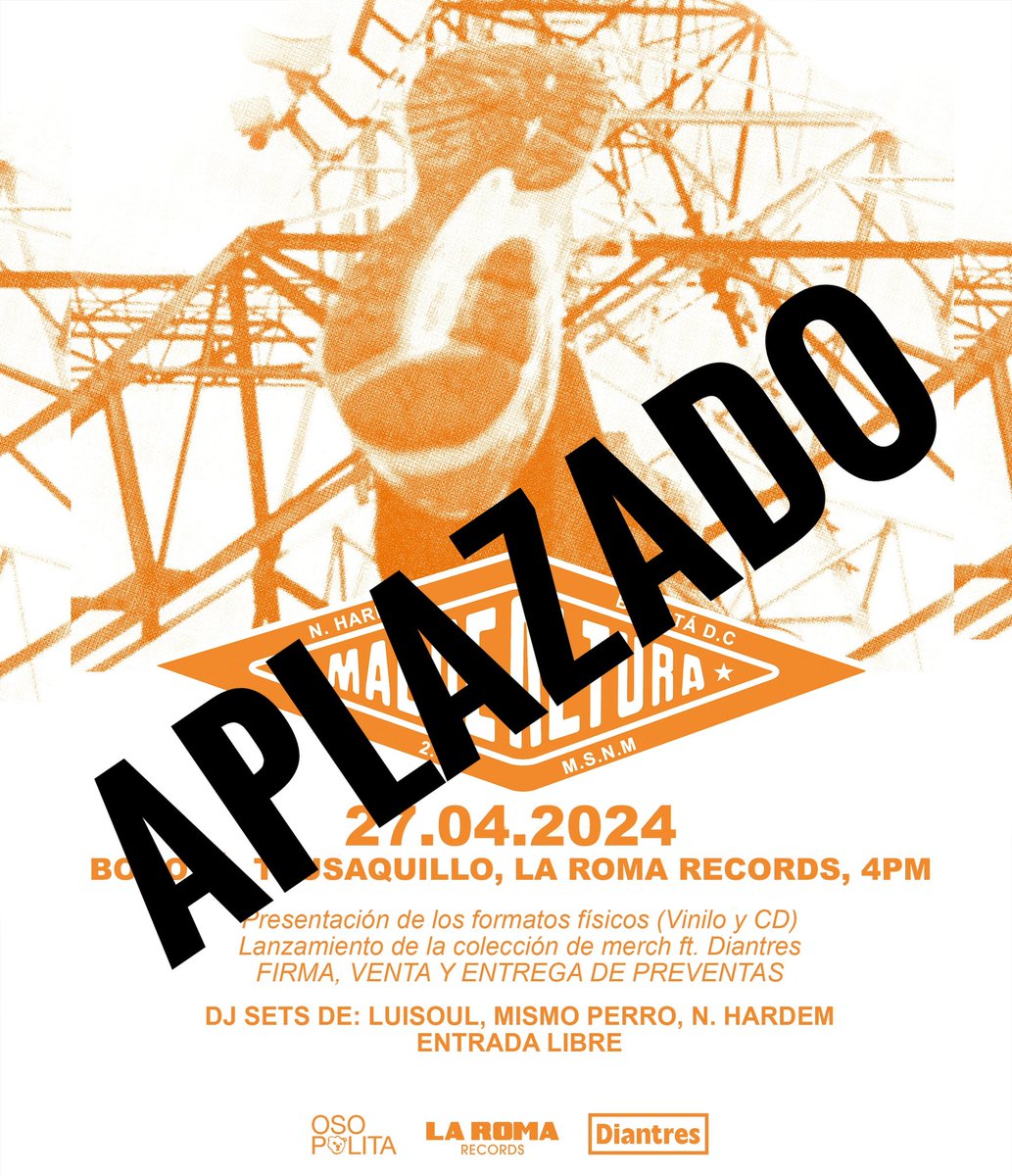 n_hardem's tweet photo. APLAZAMOS EL EVENTO PROGRAMADO PARA ESTE SÁBADO. 

PARA QUIENES ADQUIRIERON SU SUS DISCOS EN PREVENTA Y ESPERABAN RECIBIRLOS EN EL EVENTO ESTAREMOS COMUNICÁNDONOS CON USTEDES PARA ACORDAR LA ENTREGA O DARLES INDICACIONES. PERDÓN POR LOS INCONVENIENTES.

GRACIAS.

SIEMPRE ESCAMPA. https://t.co/Q0FNQWbdnE