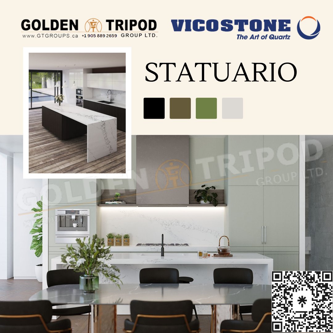 GoldenTripod's tweet image. Indulge in the timeless elegance of Vicostone's Statuario BQ8628 quartz stone, a luxurious addition to any space. Golden Tripod: 121 Granton Dr Unit #24 Richmond Hill ON L4B3N4 Phone: 905-889-2659  #Vicostone #QuartzStone #LuxuryDesign