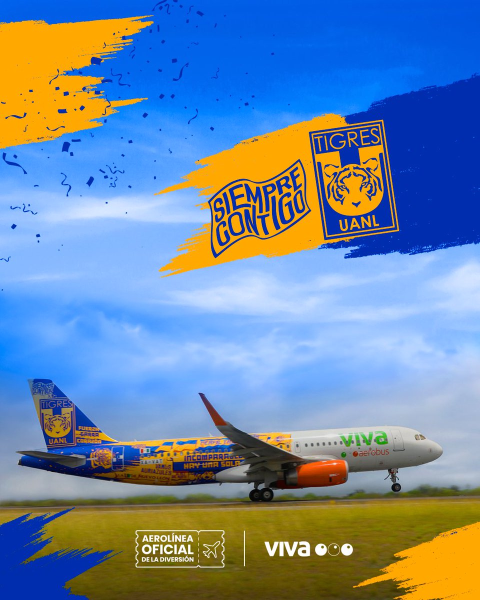 ¡Atención, afición Incomparable! 🐅 Ahora llevamos los colores de tu equipo a lo más alto de los cielos. ¡Conoce el avión dedicado a la garra y pasión de @TigresOficial @TigresFemenil y vuela con nosotros! ✈️ #VivaTigres