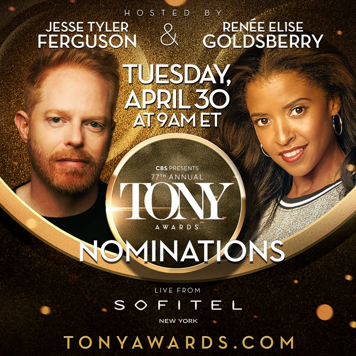 It's almost time to celebrate the best of #Broadway! @ReneeGoldsberry and @jessetyler are set to reveal the 77th Annual #TonyAwards nominations at @SofitelNYC. Tune in on Tuesday, April 30th to see them live on @CBS at 8:30AM ET and on our official YouTube page at 9:00AM ET.