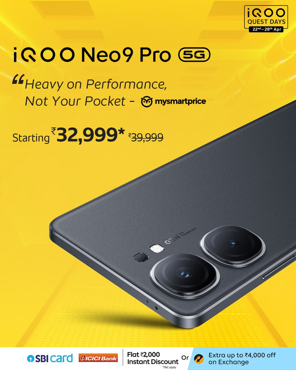 IqooInd's tweet image. Heavy on performance, not your pocket, get the ultimate esports gaming smartphone - the #iQOONeo9Pro starting at just ₹32,999* during #iQOOQuestDays @amazonIN. 

Buy Now: bit.ly/3PqBc3K

*Inclusive of Bank Offer

#iQOOQuestDays #AmazonSpecials #PowerToWin