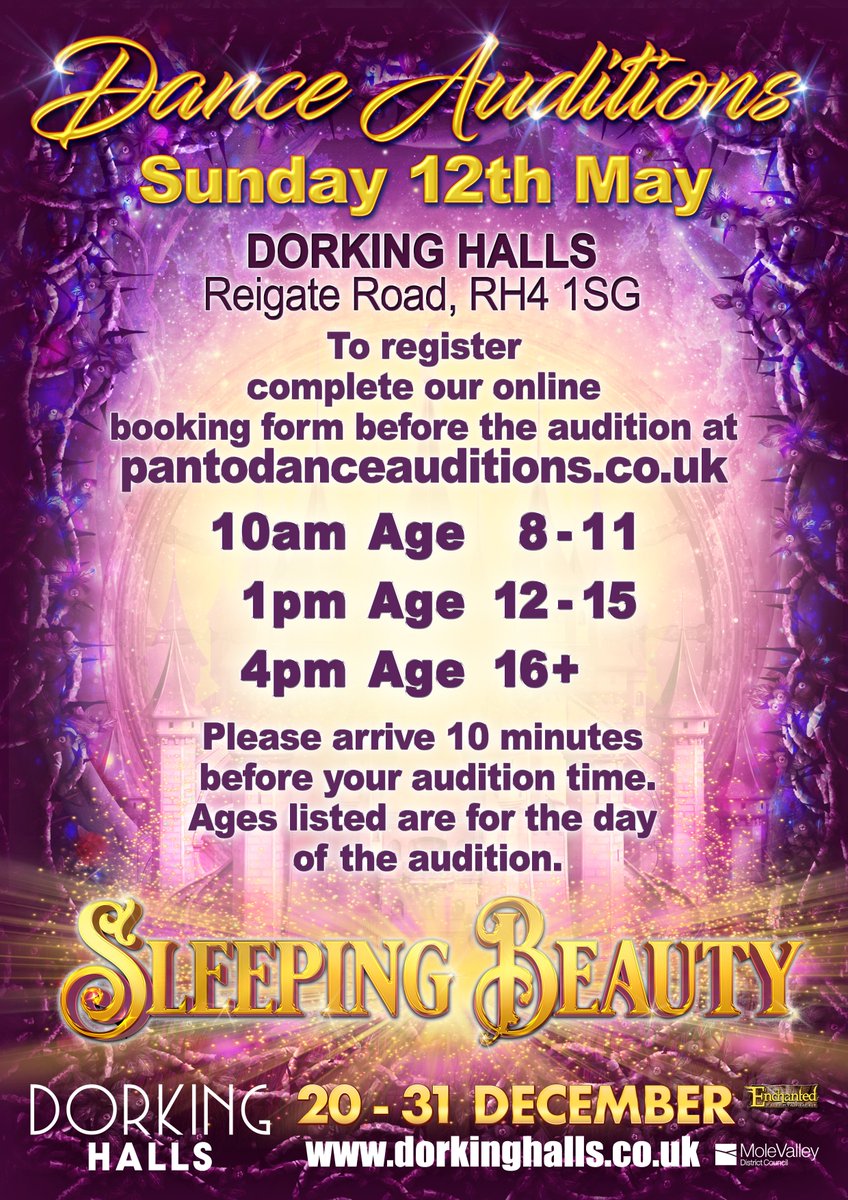 Calling all DORKING dancers!! 💃🕺
Don't miss our SLEEPING BEAUTY pantomime dance auditions taking place on Sunday 12th May!
<a href="/DorkingHalls/">Dorking Halls 🍿🎭</a>
See poster below for audition times...  
Dancers auditioning need to pre-register at: pantodanceauditions.co.uk
See you all there!🤩