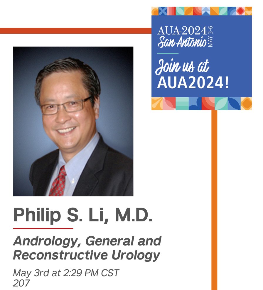 Dr. Philip Li (@psli2005) will be participating in the #AUA24 session titled 'Andrology, General and Reconstructive Urology' on Friday May 3rd. To learn more about Dr. Li's session, visit: aua2021.app.swapcard.com/event/2024-ann…