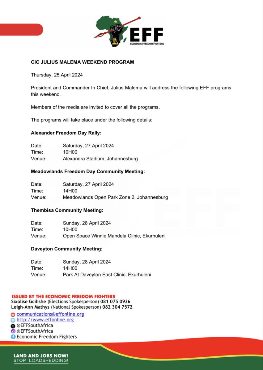 President @Julius_S_Malema Weekend Program