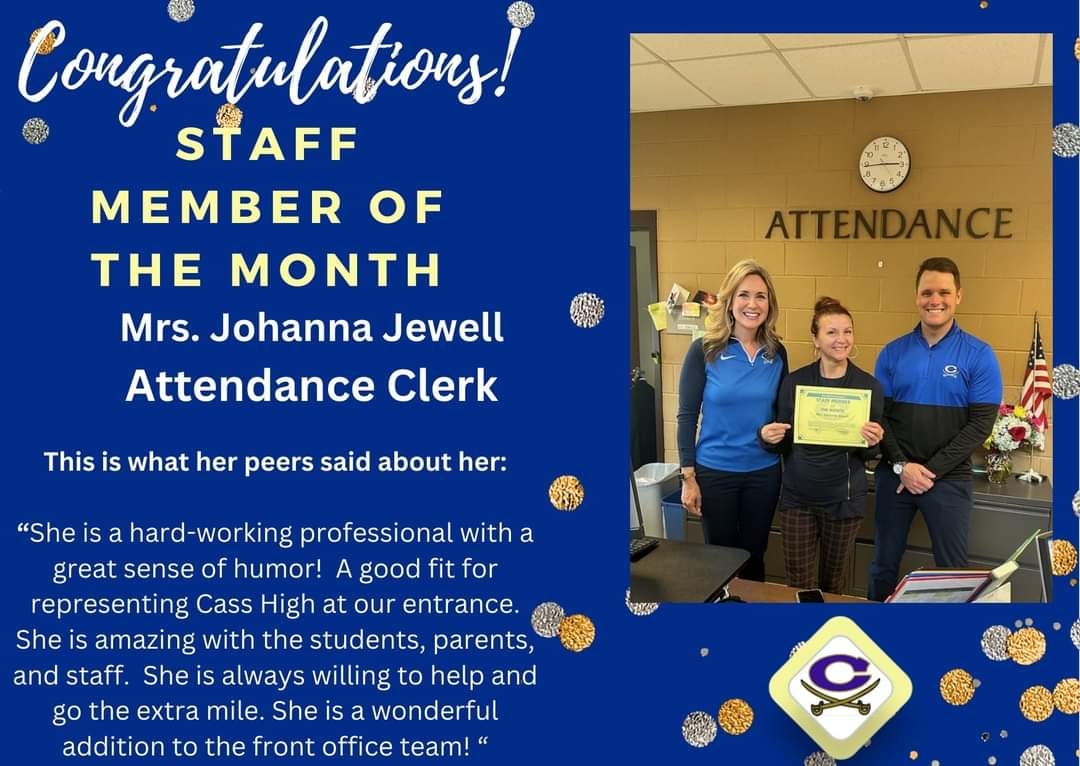 CassHighSchool (@casshsga) on Twitter photo STAFF MEMBER OF THE MONTH- Mrs. Jewell is our amazing bilingual attendance clerk here at Cass! She is a hard-working professional with a great sense of humor! A good fit for representing Cass High at our entrance and making our families feel welcome! <a href="/bartowschools/">Bartow Schools</a> STAFF MEMBER OF THE MONTH- Mrs. Jewell is our amazing bilingual attendance clerk here at Cass! She is a hard-working professional with a great sense of humor! A good fit for representing Cass High at our entrance and making our families feel welcome! <a href="/bartowschools/">Bartow Schools</a>