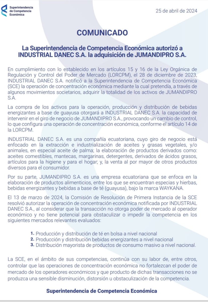 PeriodicoGN's tweet photo. Industrias #Danec toma el control de la compañía Jumandipro, fabricante de bebidas con base a guayusa. La Superintendencia de Control de Poder de Mercado autorizó la concentración. @Industriasgye @CamaraCIP @lacamaragye @lacamaradequito https://t.co/WHabVaQQk8