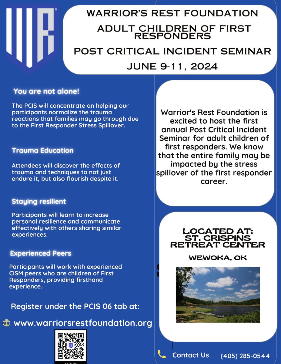 Warrior’s Rest Foundation PCIS 2024 06 Registration - For Adult Children of First Responders (ages 18 & up). This Seminar is provided at NO COST other than your travel expenses.

Click here to register or scan the QR code

warriorsrestfoundation.org/register-for-p…