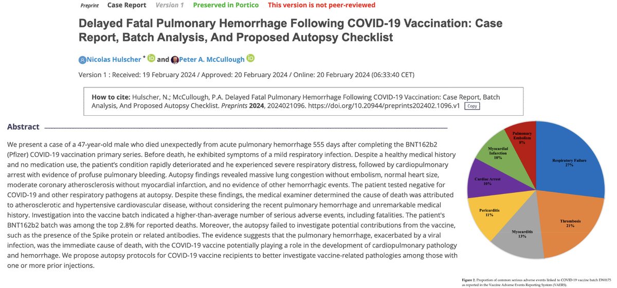 McCulloughFund's tweet photo. Our case report highlights that COVID-19 mRNA vaccines may result in serious adverse events, such as fatal pulmonary hemorrhage, months to years after initial vaccination. Long-term studies are critical before product approval to prevent unnecessary loss of life.
https://t.co/ctzrxpHMA8
#MFScholar
@P_McCulloughMD 
@joeyvantes
@Kevin_McKernan
@brownstoneinst
@ChildrensHD
@EpochTimes
@zerohedge
@VigilantNews
@VigilantFox
@RealAmVoice
@OANN
@TheChiefNerd
@DrNoMask
@drcraigwax
@MdBreathe
@TuckerCarlson
@TCNetwork
@joerogan
@elonmusk
@RandPaul
@RealAlexJones
@infowars
@OwenShroyer1776
@CDCgov
@US_FDA