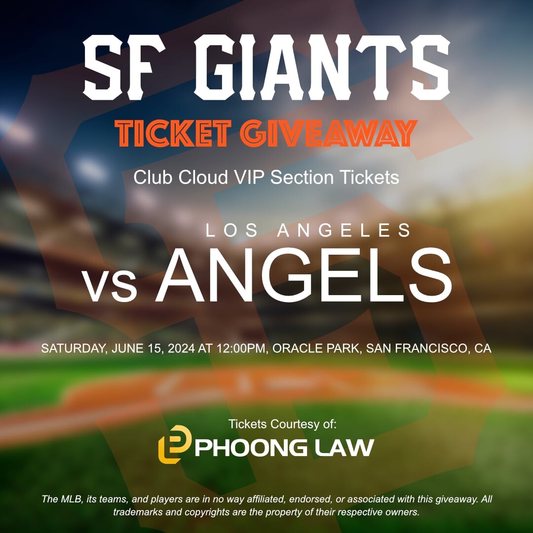 Phoong Law is thrilled to announce our latest giveaway: a chance to win 2 tickets to the SF Giants vs LA Angels game on Saturday, June 15th at 12 PM To enter: 1. Like this post 2. Share this post 3. Tag a friend in the comments 4. Official Entry page: phoonglaw.com/angels