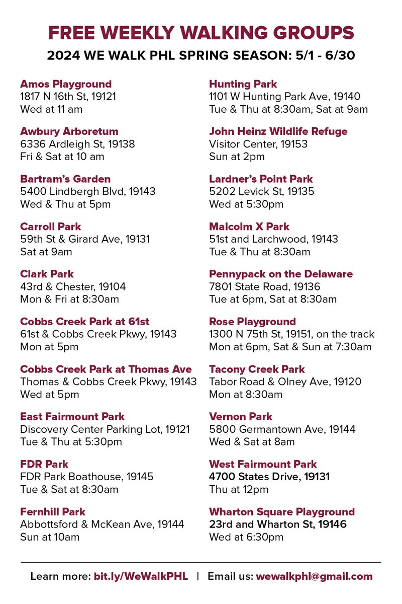 The We Walk PHL spring season officially kicks off May 1 in partnership with @PhilaParkandRec, @PHLPublicHealth, and @GetHealthyPHL. Schedule below! - Visit myphillypark.org/wewalk-spring-… to register!