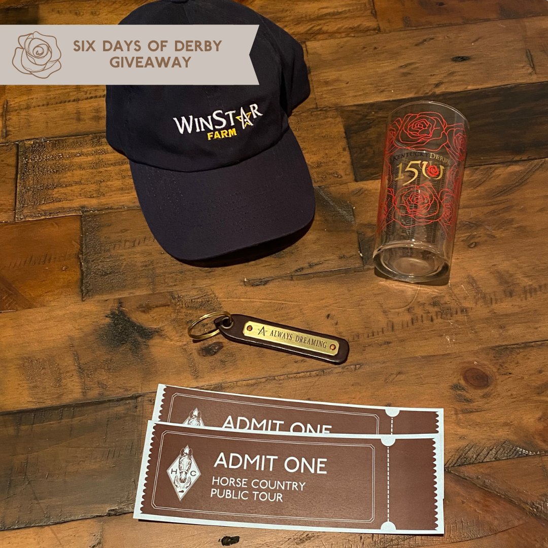 KYHorseCountry's tweet photo. 🌹Day four of the Six Days of Derby celebrates 2017 Kentucky Derby winner Always Dreaming, who stands at WinStar Farm! Today’s giveaway includes a WinStar Farm hat, an Always Dreaming keychain, an official Kentucky Derby glass, and two tickets for any public Horse Country tour. https://t.co/BuugzzTyzG