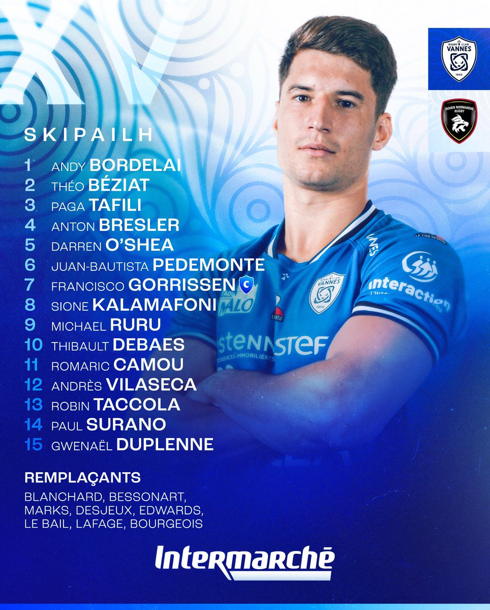 LesCompos's tweet photo. Les compos pour @RugbyClubVannes - @RouenNdieRugby !
⏱️ Vendredi, 19h30
🏟️ Stade de la Rabine, Vannes
#RCVRNR #ProD2 https://t.co/QfNMTk6Yml