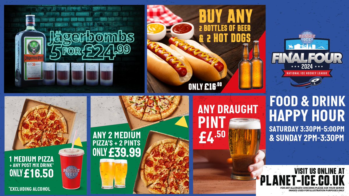 🌭🍺𝗛𝗔𝗣𝗣𝗬 𝗛𝗢𝗨𝗥 𝗜𝗡 𝗖𝗢𝗩𝗘𝗡𝗧𝗥𝗬🍕🥃
@PlanetIceUK are pleased to be able to offer a Food & Drink Happy Hour on both Saturday & Sunday this weekend in Coventry during the Planet Ice NIHL Final Four.
#FoodLovers #tasty #papajohns #drinkaware