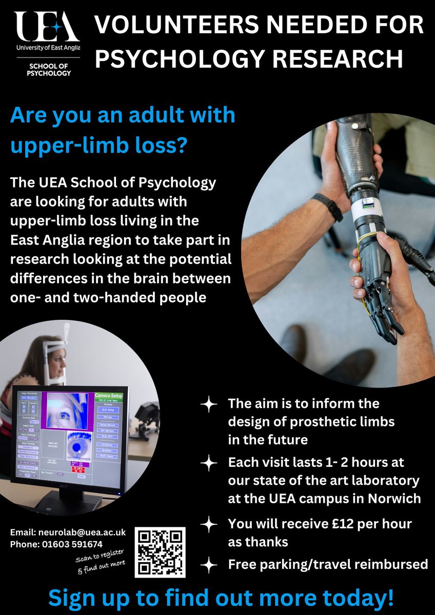 A brilliant research opportunity for anyone with upper limb loss. Contact details are on the flyer - please do get in touch asap to get involved