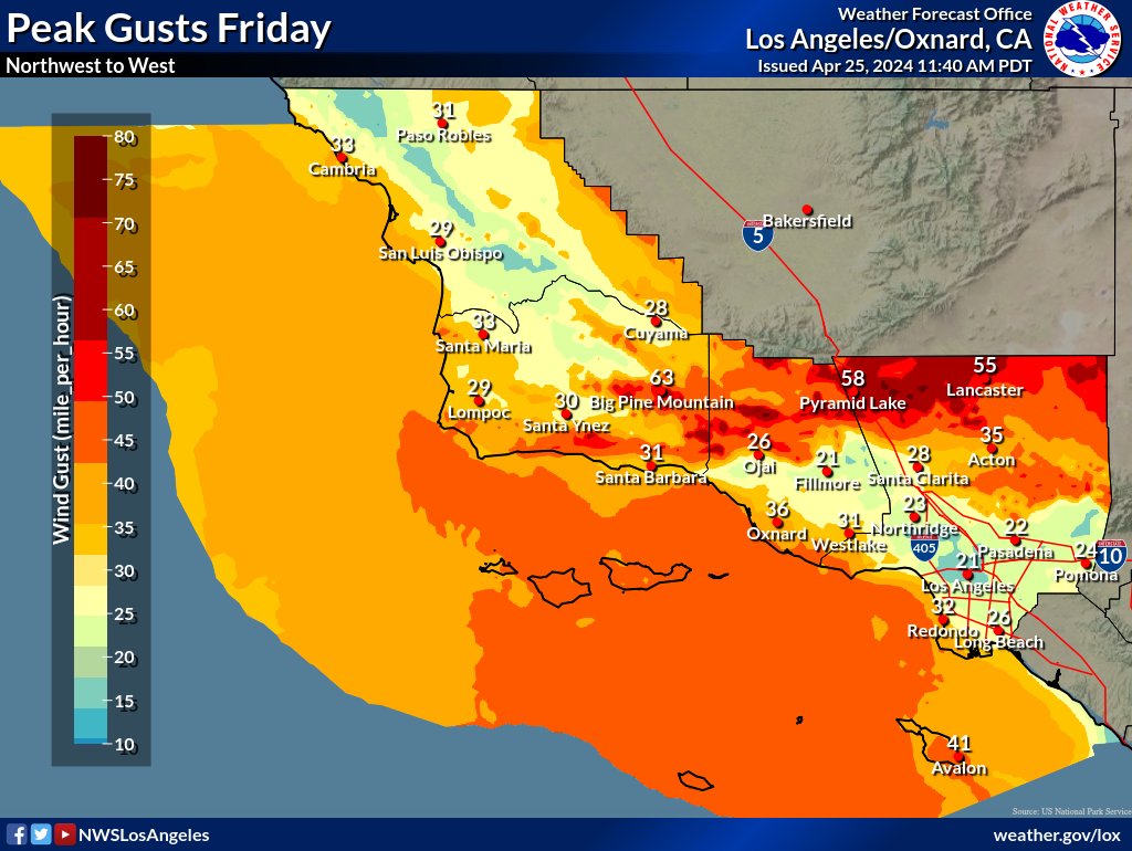Gusty NW to W winds continue or develop across the region this afternoon and night. Winds will be the strongest for most locations tomorrow (Friday) into tomorrow night.🌬️ #CAwx #LAwind