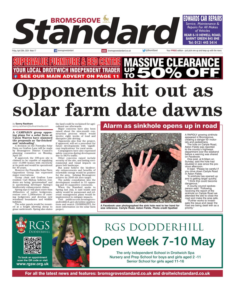 Here is a sneak preview of the front page of tomorrow's Bromsgrove Standard - #tomorrowspaperstoday