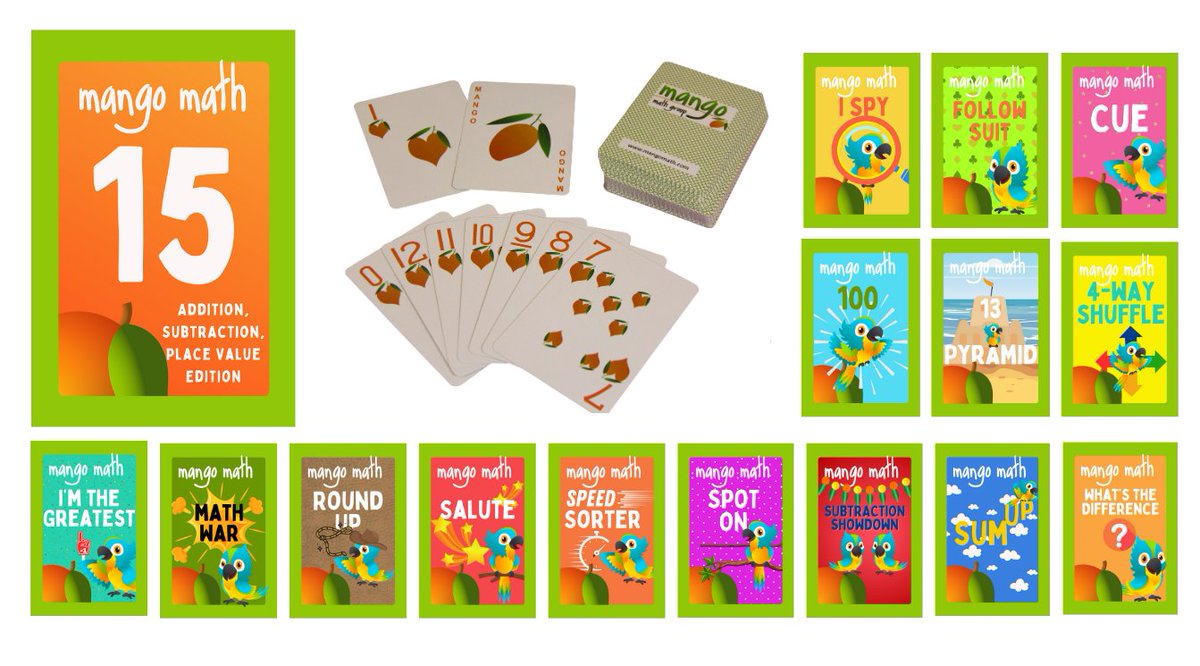 mangomath's tweet image. Check out our latest math product. MANGO 15 cards! 15 fun math games that use a deck of MANGO Math playing cards. Great way to keep math skills sharp over the summer. Check our website mangomath.com for more information.  #summermath #stopsummerslide #mangomath