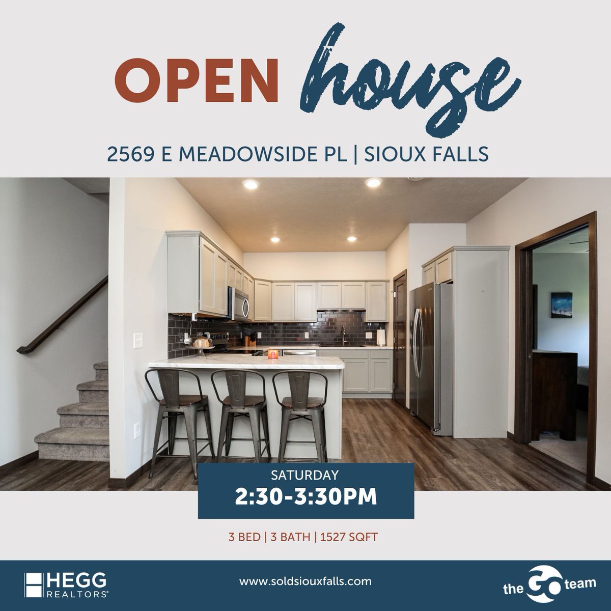 🏡 Open House | Saturday 2:30-3:30pm
📍 2569 E Meadowside Pl | Sioux Falls
🛏️ 3 Bed | 🛁 3 Bath |  Townhome

#openhouse #townhome #thegoteam #soldsiouxfalls #moveinready