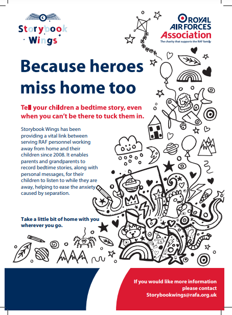 RAF Association Part of RAFA deployment services offer Storybook Wings, providing a link between serving RAF personnel working way from home and their children Email: Storybookwings@rafa.org.uk or contact your local/nearest HIVE for information 👇 ow.ly/KWoh50RofsQ @rafa