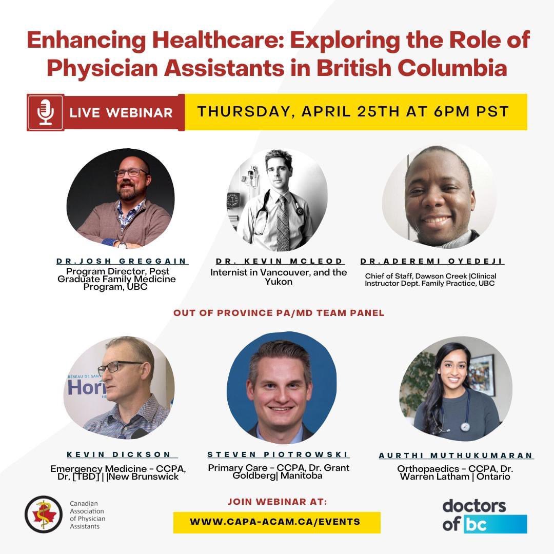 Thrilled for tonight's BC PA webinar! 🤗Excited to learn from out-of-province guests about their PA practice and hear insights from BC Physicians! 📣

Register: capa-acam.ca/events/enhanci…

@Docs4BC @DoctorsOfBC @BCFamilyDoctors @RCC_bc @UBCmedicine @EmergencyCareBC @SpecialistsBc