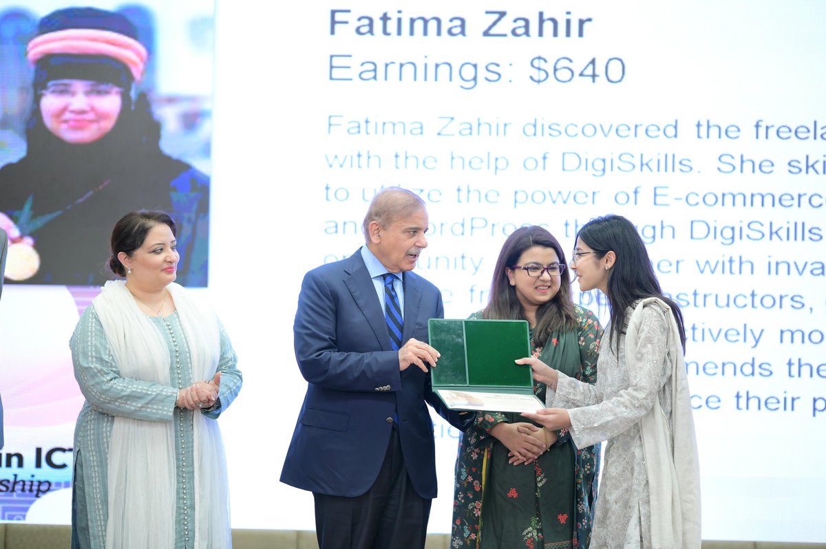 Prime Minister Muhammad Shehbaz Sharif distributing certificates of appreciation among the high achiever women and girls in the field of IT in Islamabad.